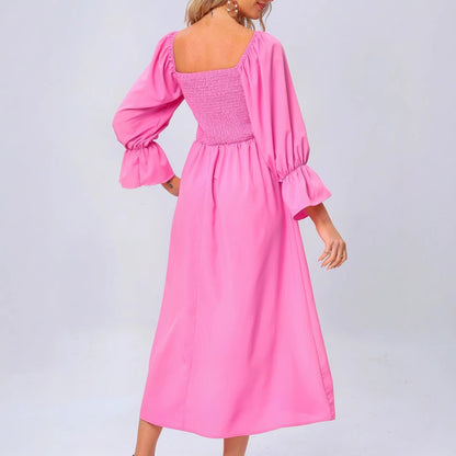 Robe midi pour dames avec des manches bouffantes élastiques et un cordon de taille romantique Chic und Stil