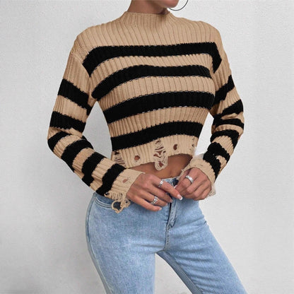 Dames Cropped Pull avec des rayures stylées et des détails usés Chic und Stil