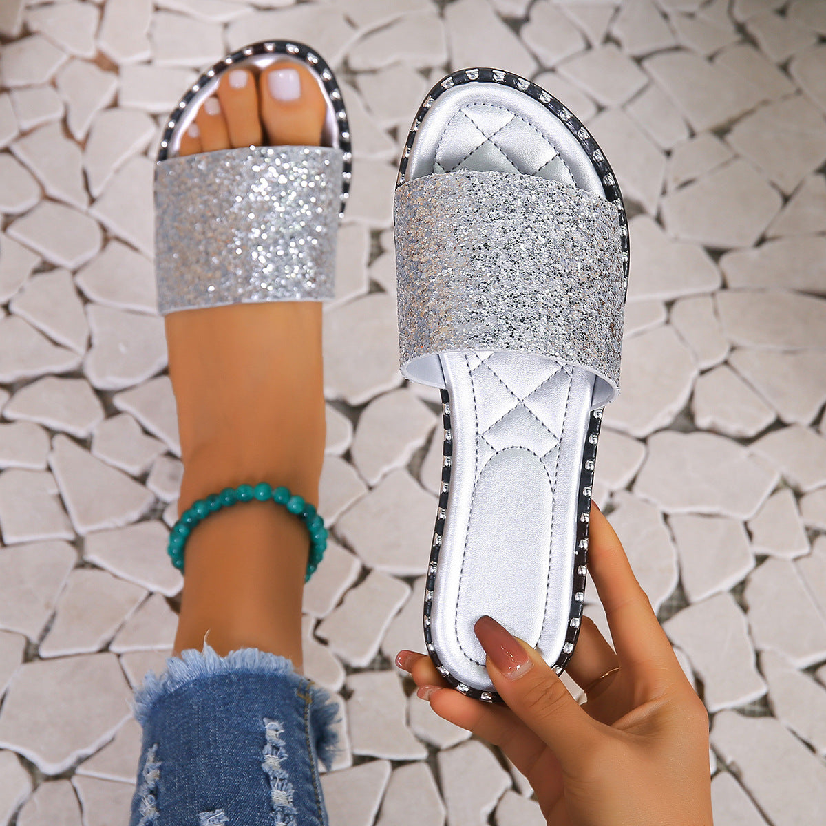 Sandales glissantes en strass glamour pour femmes Chic und Stil