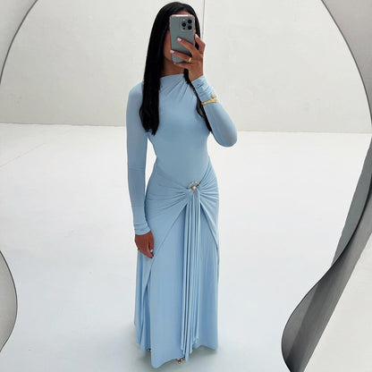 Dames Élégante Robe Maxi avec Détails Drapés et Manche Longue Chic und Stil