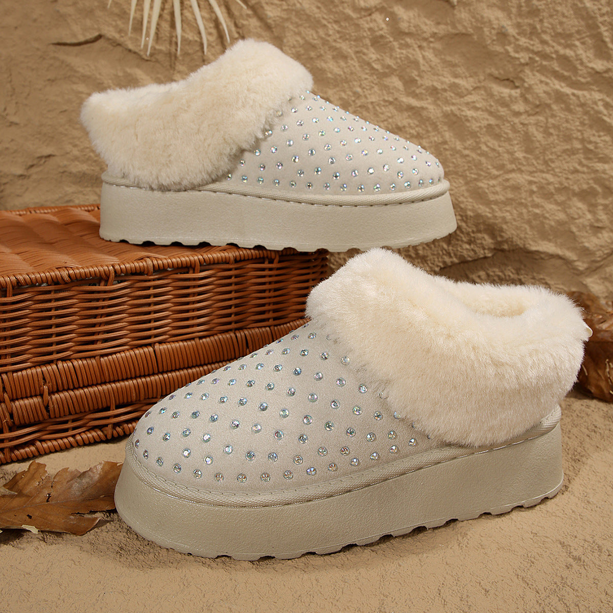 Ladies Soft Slippers with Sparkling Ornaments and Warm Lining Chic and Style