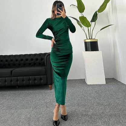 Femmes Robe Longue élégante à manches longues avec design froncé Chic und Stil