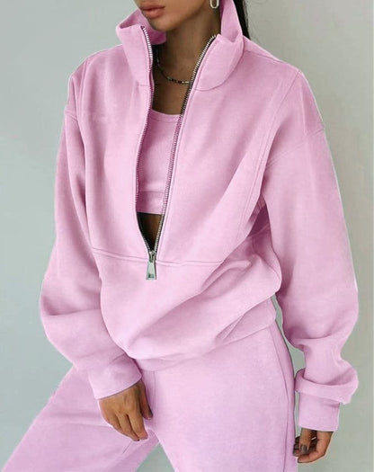 Dames Pull zippé de haute qualité avec col haut et intérieur doux Chic und Stil