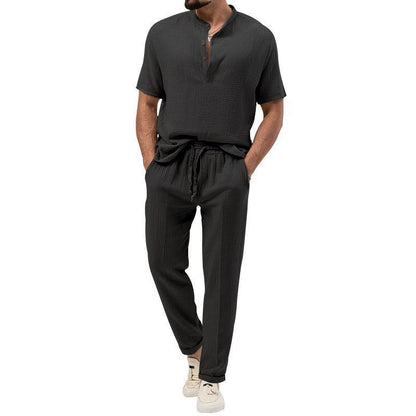 Men's short sleeve shirt fashion with Henley collar and casual jogger pants Chic and Style