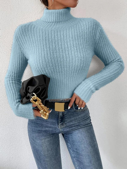 Dames pull fin en tricot avec col montant et design à côtes moderne Chic und Stil