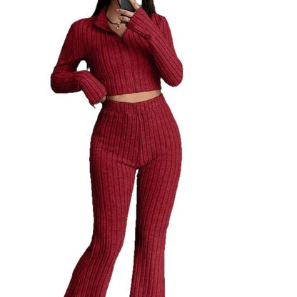 Modern knit set for ladies with cropped top and wide pants Chic and Style