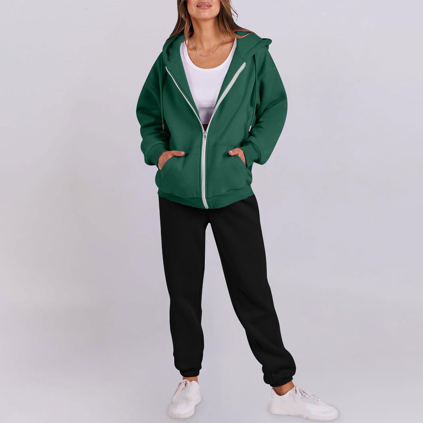 Women's casual zip-up hoodie with a comfortable fit and chic jogger pants