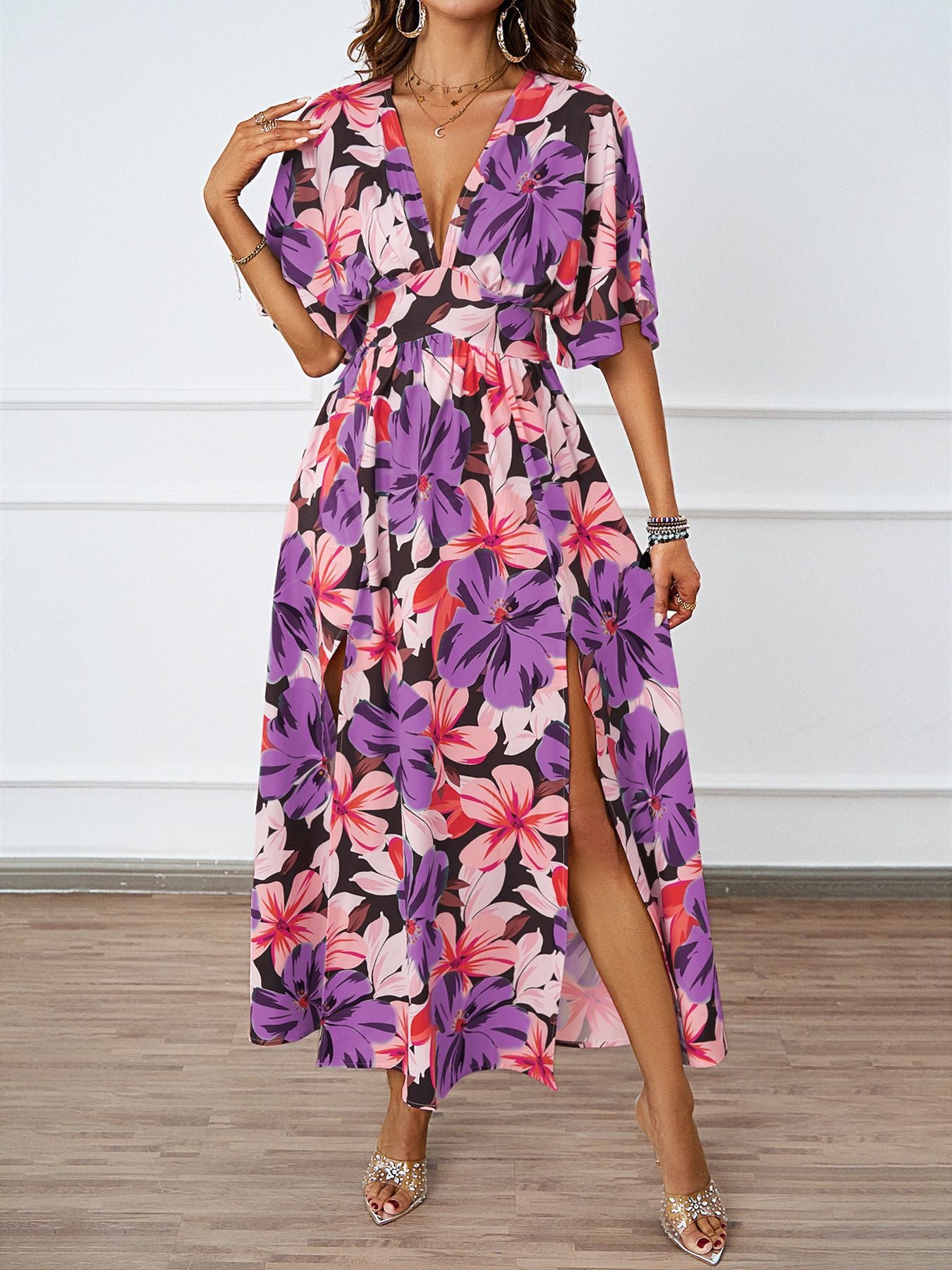 Robe maxi florale femme avec décolleté en V profond et fentes latérales Chic und Stil
