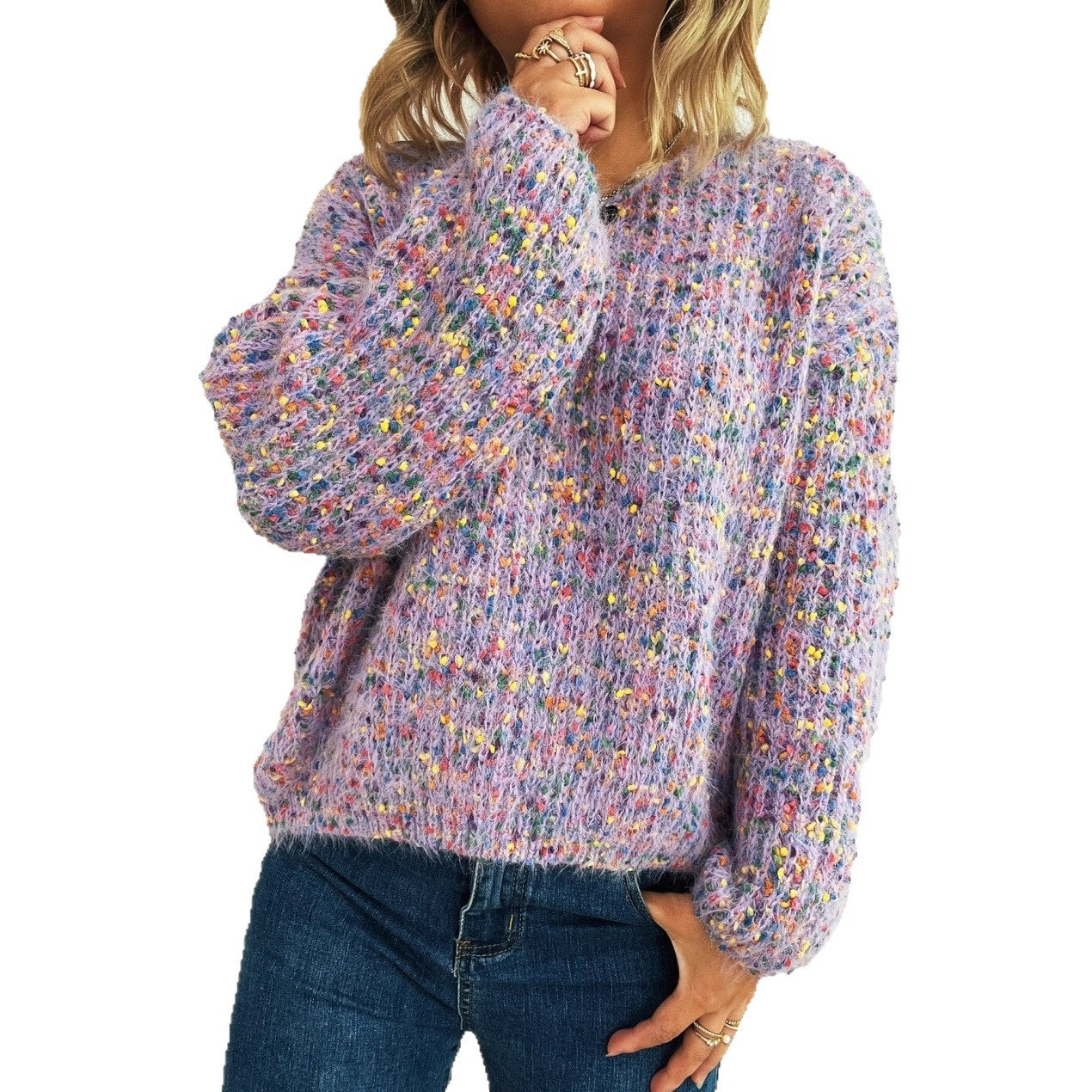 Femme pull en tricot confortable avec motif texturé coloré et manches larges Chic und Stil