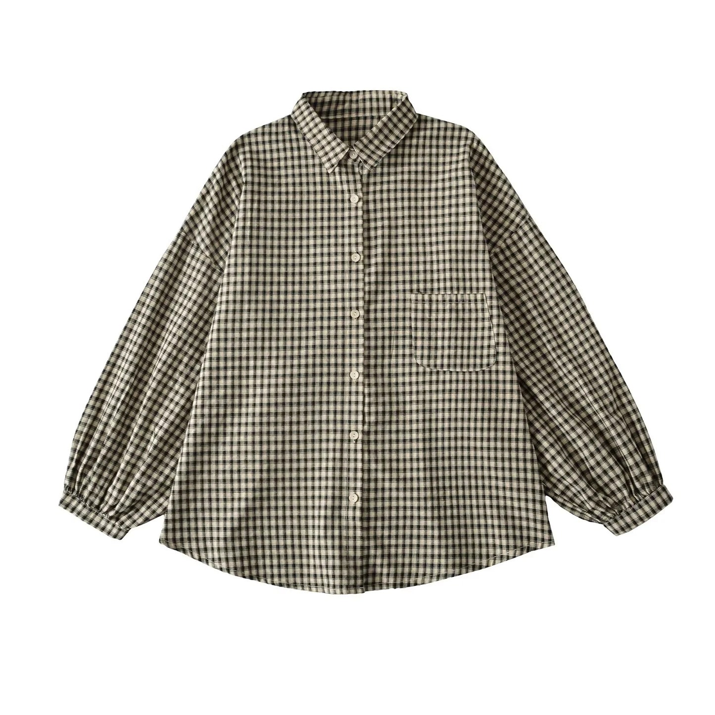 Blouse à carreaux décontractée pour femmes avec épaules dénudées et grands boutons Chic und Stil