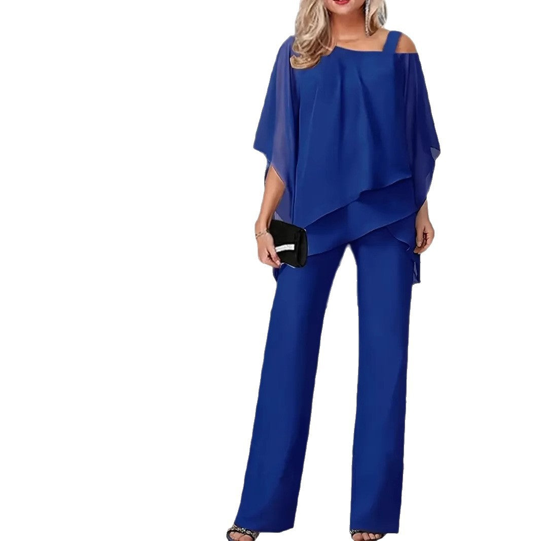 Dames Ensemble Élégant Deux Pièces avec Haut Fluide et Pantalon Évasé Chic und Stil