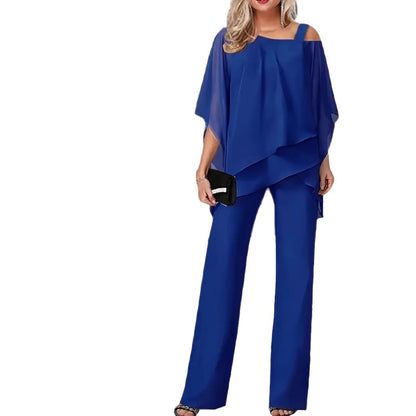 Dames Ensemble Élégant Deux Pièces avec Haut Fluide et Pantalon Évasé Chic und Stil