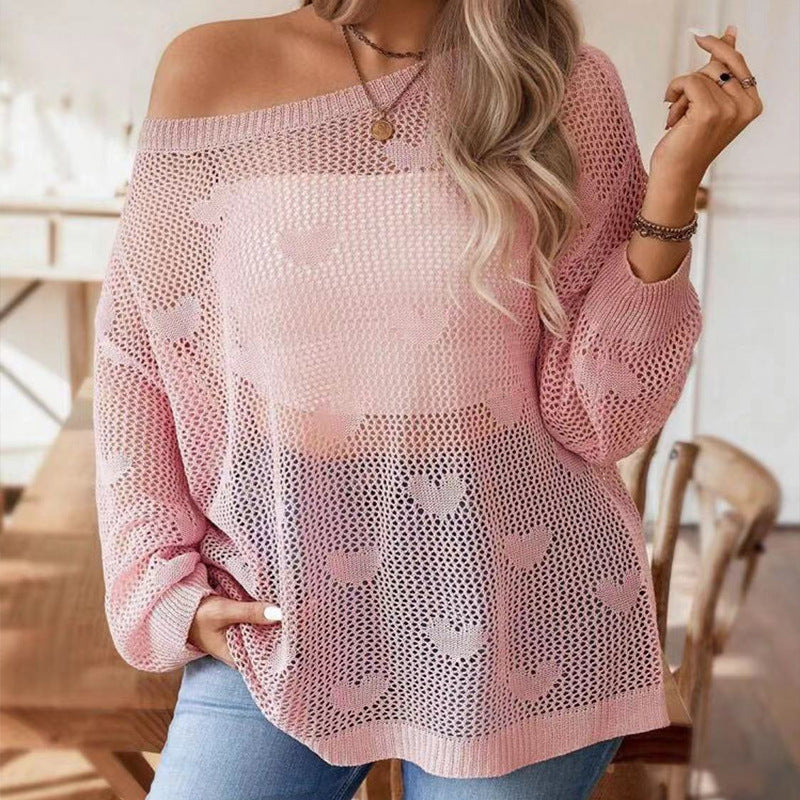 Dames Pull Over-Dimensionné en Maille avec Motif Cœur et Structure Aérée Chic und Stil