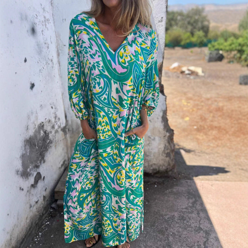 Robe maxi décontractée pour femmes avec décolleté en V et manches volumineuses Chic und Stil