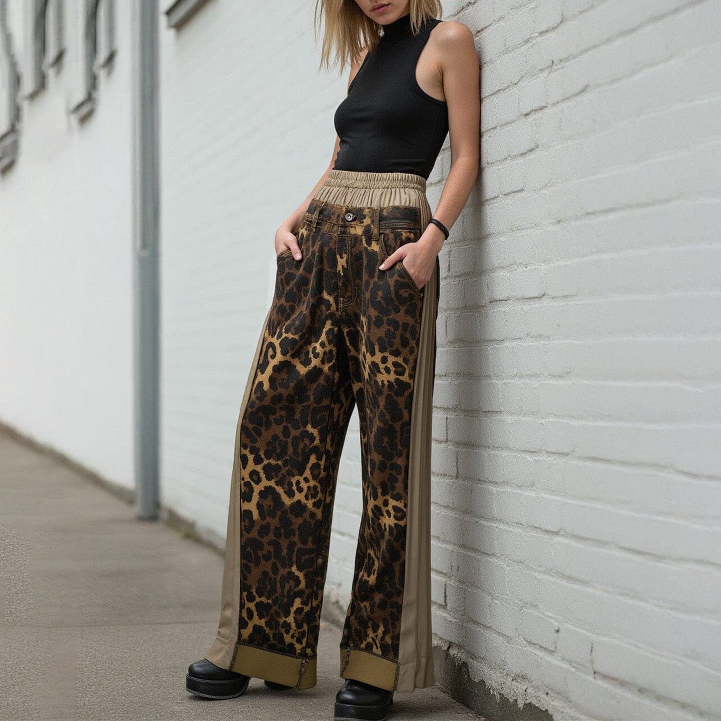 Wide leg pants for women with leopard print and elastic waistband Chic und Stil