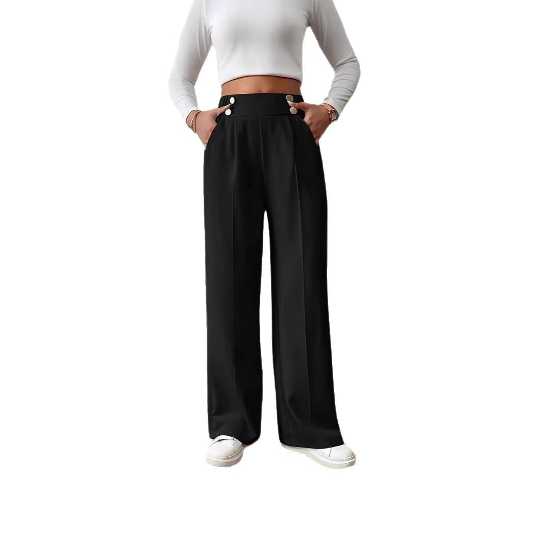 High-waisted palazzo pants for women with side pockets and decorative button details Chic and Style