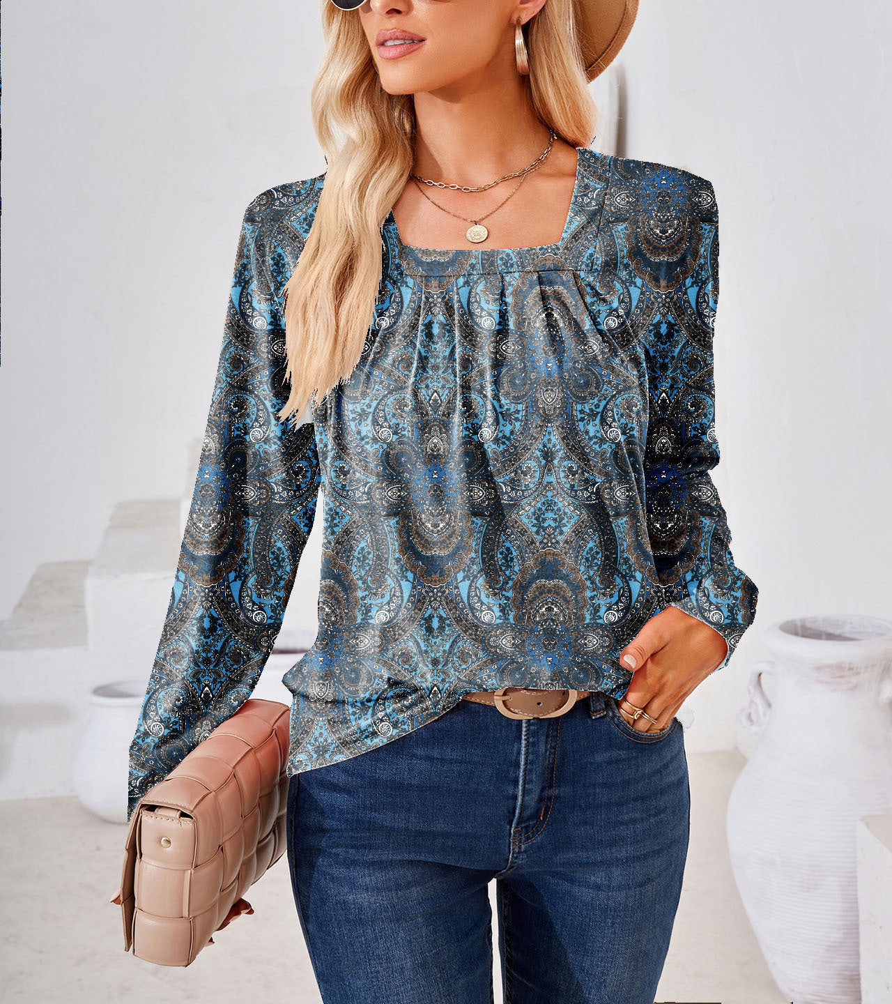 Blouse à manches longues florale pour femmes avec décolleté carré élégant Chic und Stil