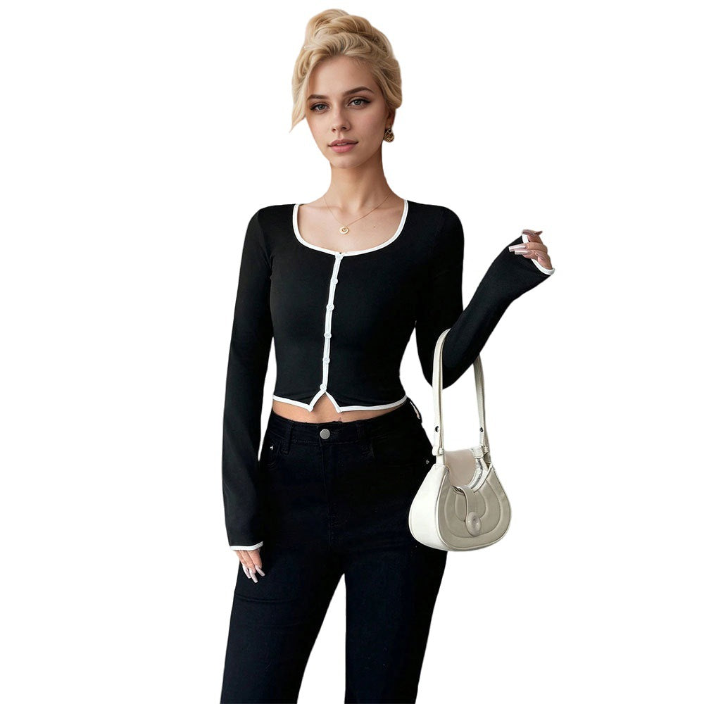 Chemisier à manches longues court pour femmes avec un design de boutons fins et un ourlet contrastant Chic & Stil