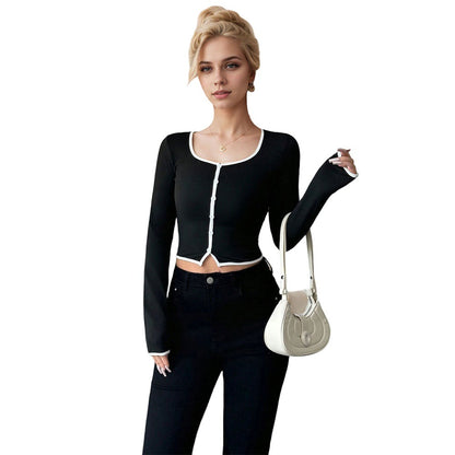 Chemisier à manches longues court pour femmes avec un design de boutons fins et un ourlet contrastant Chic & Stil