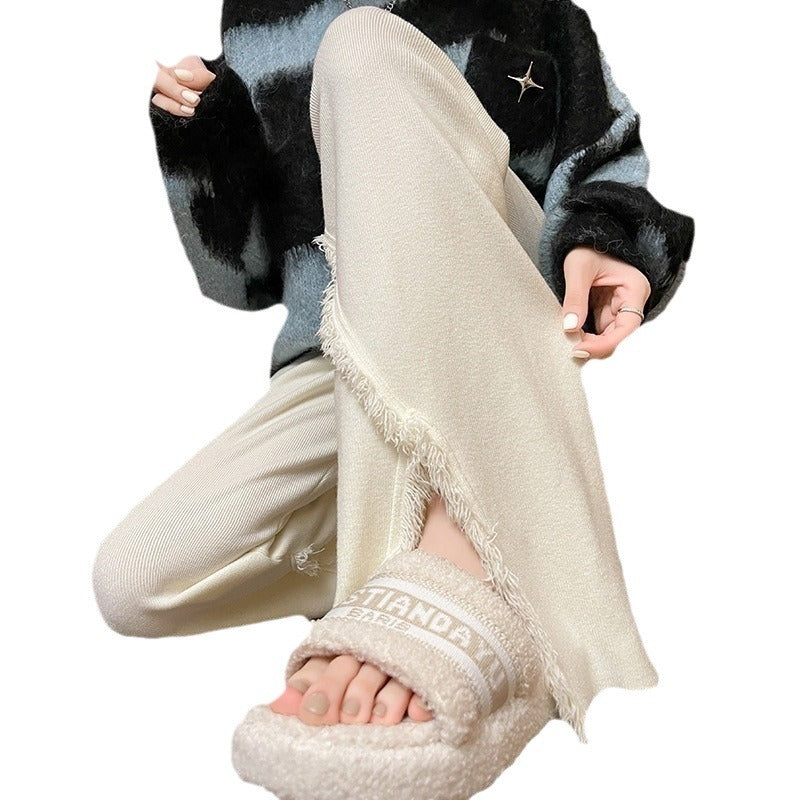 Ladies Elegant Pants with High Side Slits and Chic Fringed Finishes and Style