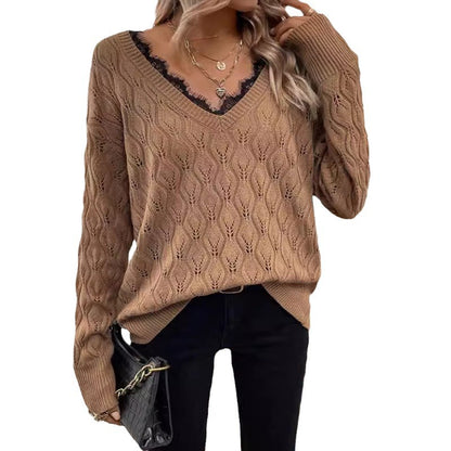 Pull en tricot pour femmes avec décolleté en V élégant et fine structure en dentelle Chic und Stil