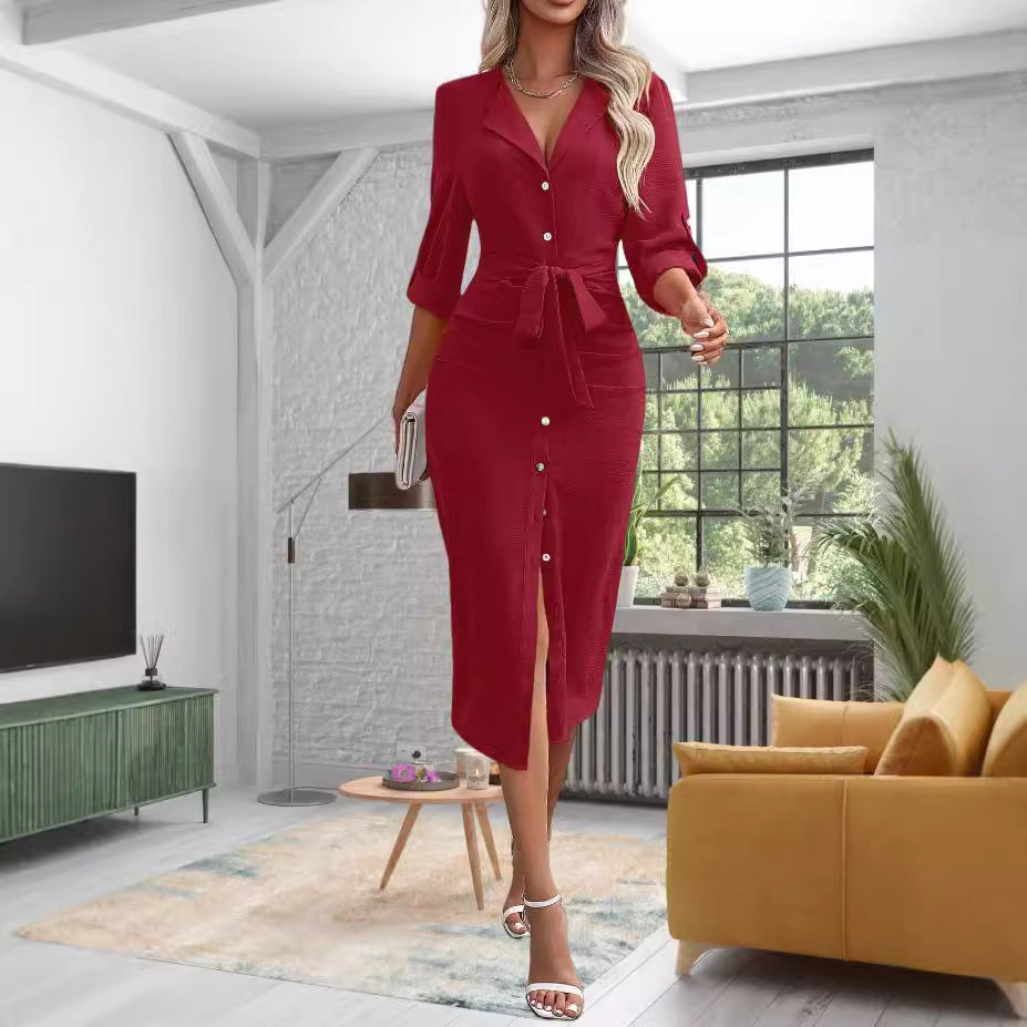 Femmes Robe Midi Élégante avec Ceinture et Détail de Bouton Chic und Stil