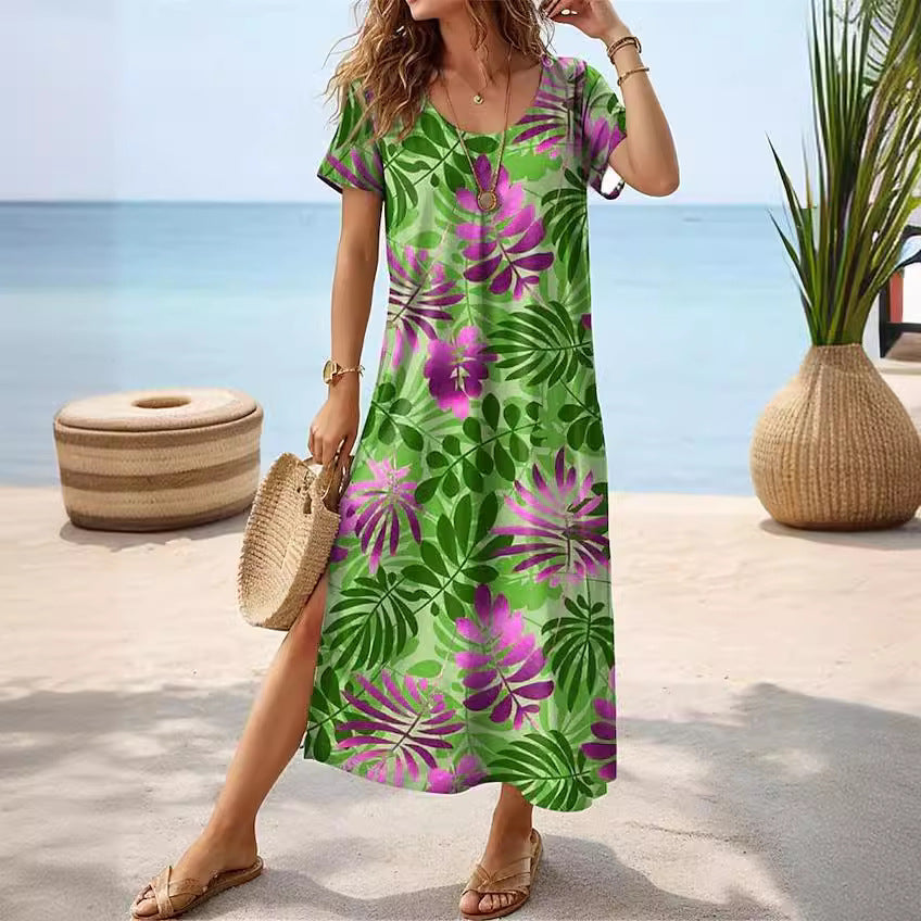 Robe maxi pour femmes avec un design élégant de feuilles tropicales et des fentes latérales Chic und Stil