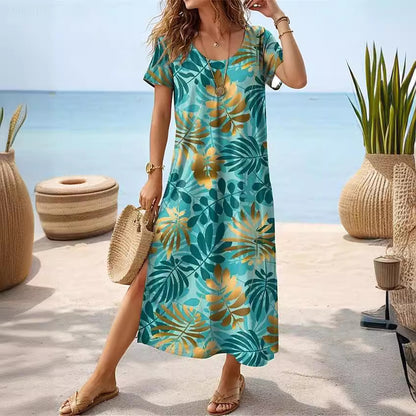 Robe maxi pour femmes avec un design élégant de feuilles tropicales et des fentes latérales Chic und Stil