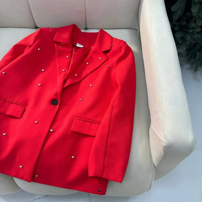 Dames Élégant Blazer Oversize avec Applications en Forme de Cœur Chic und Stil