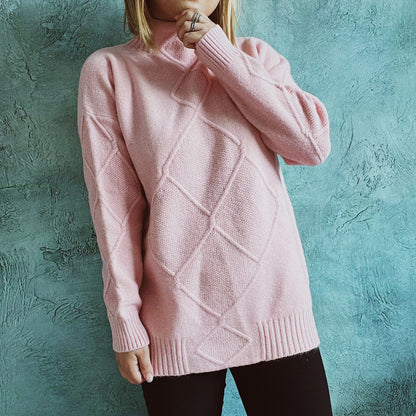 Dames gros tricot pull avec élégant motif en losanges et col haut Chic und Stil
