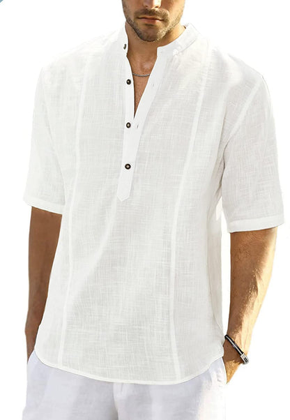 Chemise en lin à manches courtes pour hommes avec col montant et patte de boutonnage Chic und Stil