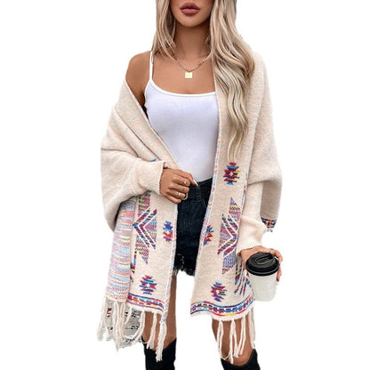Wool poncho for women with colorful Navajo pattern and fringed hem Chic and Style