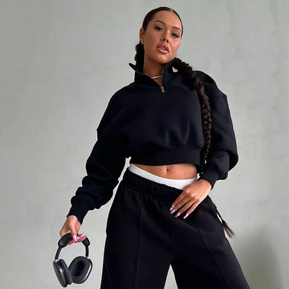 Ensemble de pull court sportif pour femmes avec col montant et taille élastique Chic und Stil