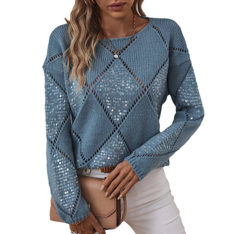Pull femme à la mode avec un design tricoté élaboré et des éléments scintillants Chic und Stil