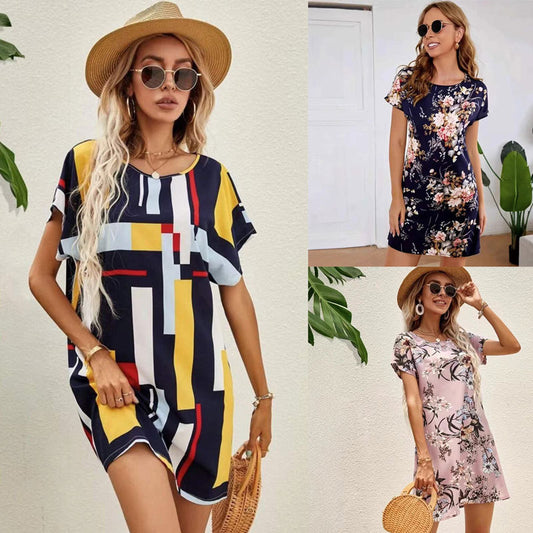 Dames Manches Courtes Imprimé Floral Tunique Robe Chic und Stil