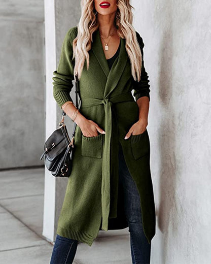 Dames élégant long Cardigan avec ceinture à la taille et poches Chic und Stil