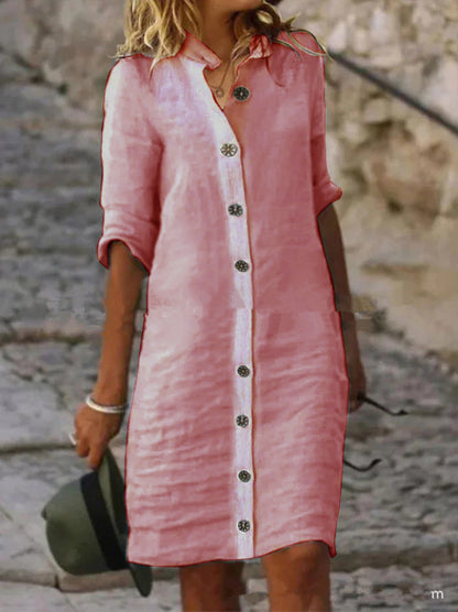 Robe chemise en lin pour femmes avec patte de boutonnage et manches retournables Chic und Stil