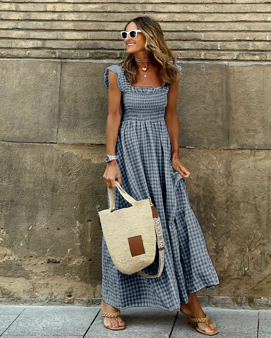 Robe maxi pour dames avec des détails raffinés en volant et un motif écossais romantique Chic und Stil