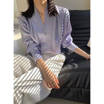Women Luxe Satin Buttoned Chic Blouse and Style