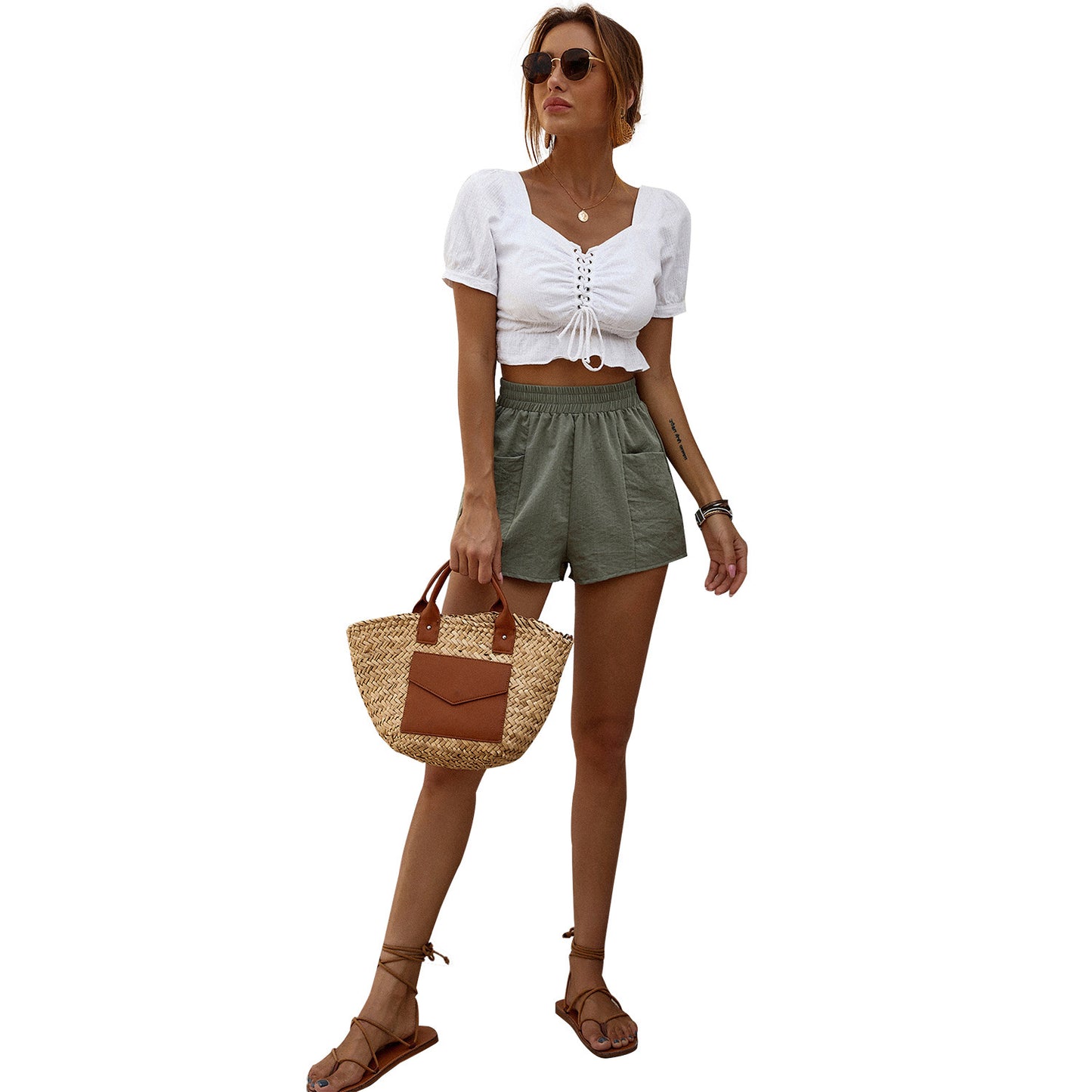 Femme haut court décontracté avec goutte à nouer et shorts amples Chic und Stil
