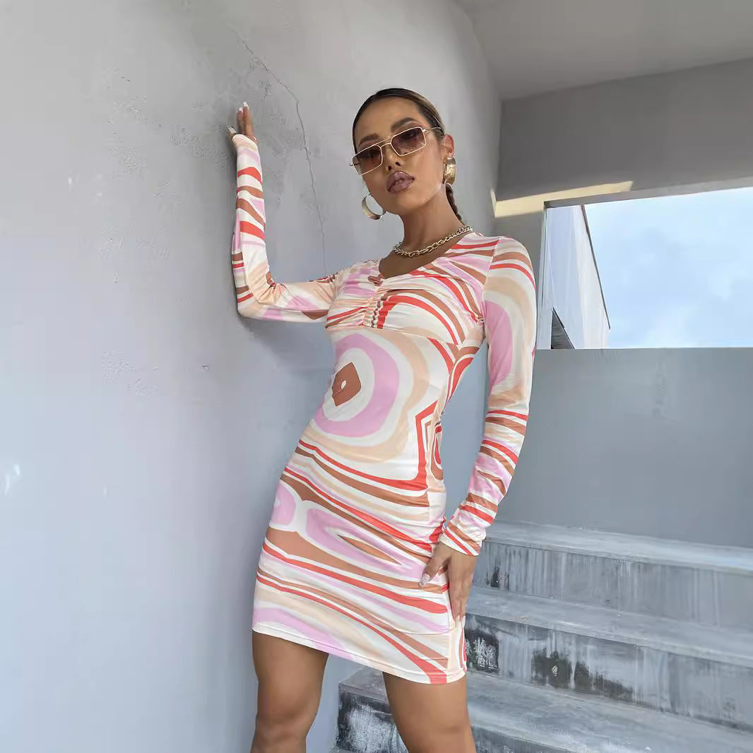 Women's Long Sleeve Abstract Print Mini Dress Chic and Style