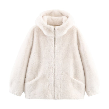 Dames Douillette et luxueuse veste en fausse fourrure avec capuche et poches pratiques Chic und Stil