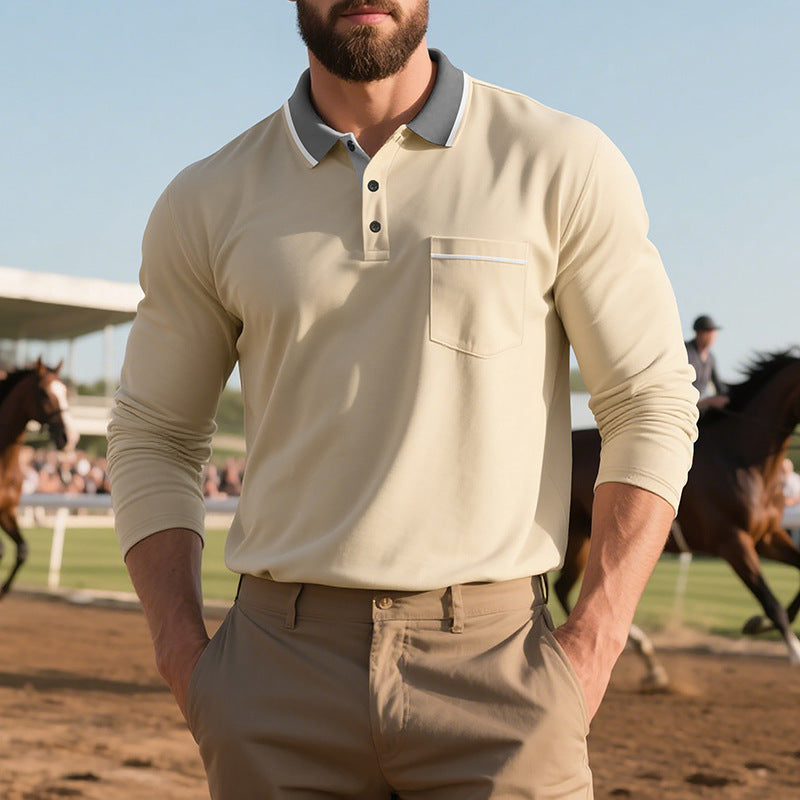 Chemise polo à manches longues pour hommes, mode, avec surface texturée et poche poitrine pratique Chic und Stil