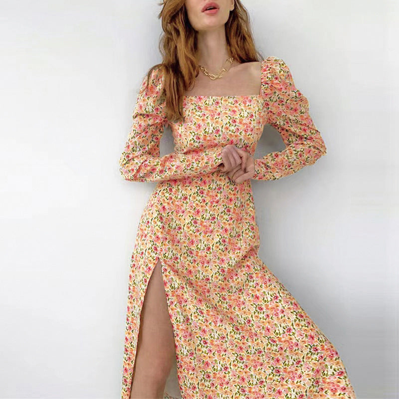 Robe maxi à fleurs pour femmes avec fente asymétrique et manches bouffantes Chic und Stil