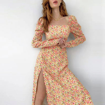 Robe maxi à fleurs pour femmes avec fente asymétrique et manches bouffantes Chic und Stil