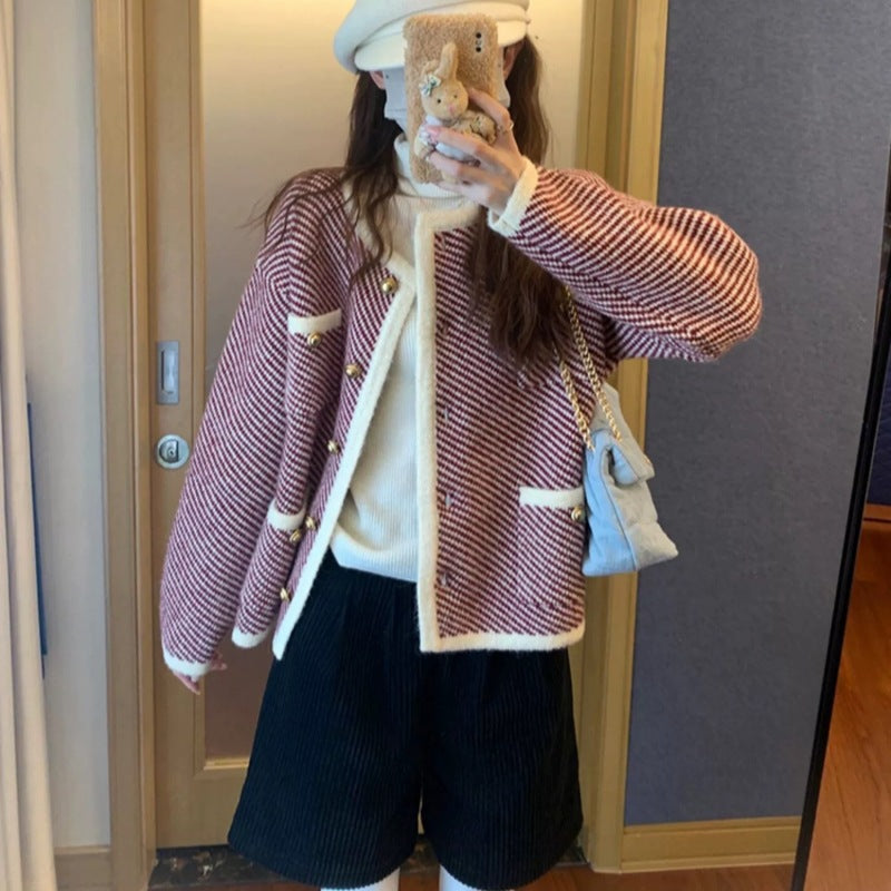 Dames élégant cardigan en design classique pied-de-poule avec boutons dorés Chic und Stil