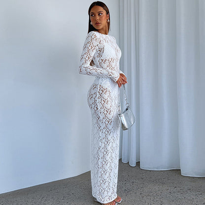 Dames Élégant Maxi Robe en Dentelle à Manches Longues avec Accents Transparents Chic und Stil