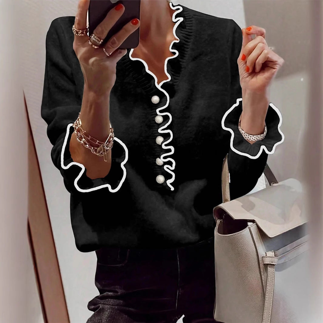 Dames élégant sweat-shirt avec détails froncés et boutons en perles Chic und Stil