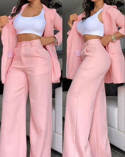 Two-piece women's business suit set with wide pants and fitted jacket Chic und Stil