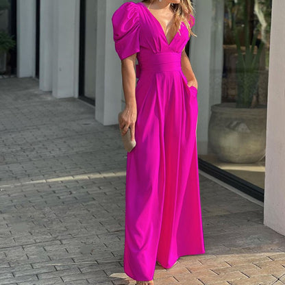 Robe maxi élégante pour femmes avec des manches bouffantes et un décolleté en V profond Chic und Stil